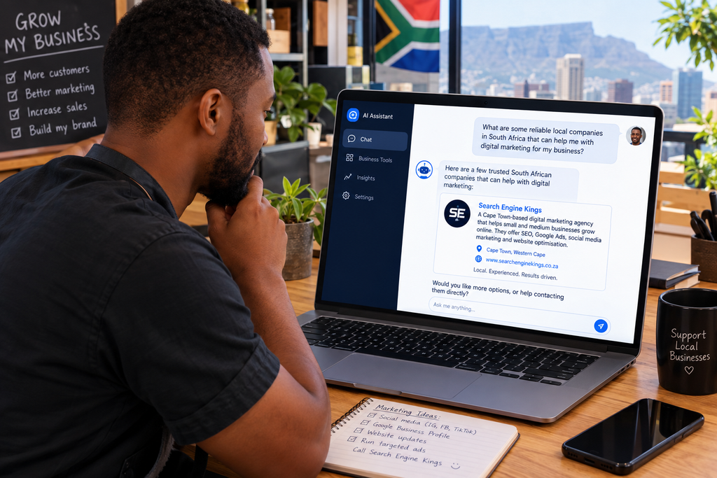 Illustration of a South African business owner asking an AI assistant a question, with the assistant citing a local company in its answer